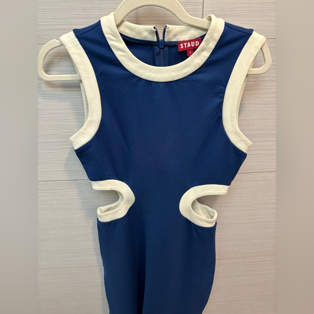 Staud dolce ponte dress, blue with cut outs